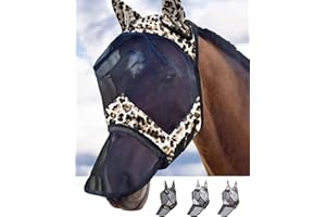 Harrison Howard LumiVista Horse Fly Mask Long Nose with Ears UV Protection for Horse Leopard Print M Cob