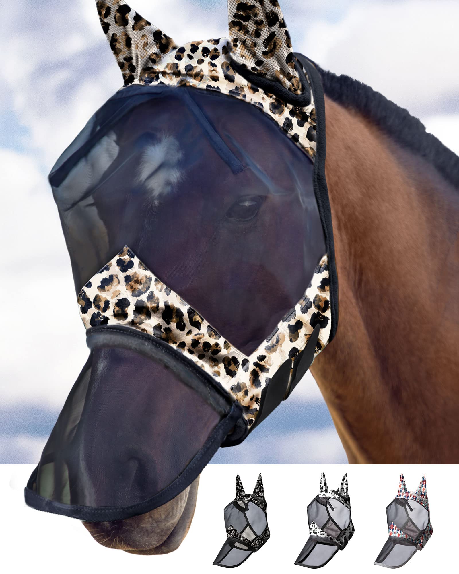 Harrison Howard LumiVista Horse Fly Mask Long Nose with Ears UV Protection for Horse-Leopard Print Cob