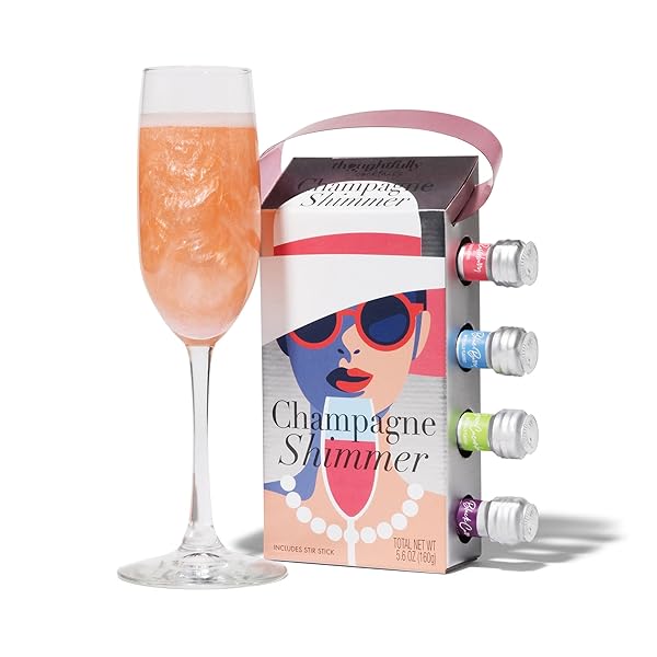 THOUGHTFULLY COCKTAILS, CHAMPAGNE SHIMMER GIFT SET, ADD SHIMMER TO CHAMPAGNE, PROSECCO OR CARBONATED BEVERAGES WITH RASPBERRY, BLUEBERRY, LIME, AND BLACKCURRANT COCKTAIL DRINK SHIMMERS, SET OF 4