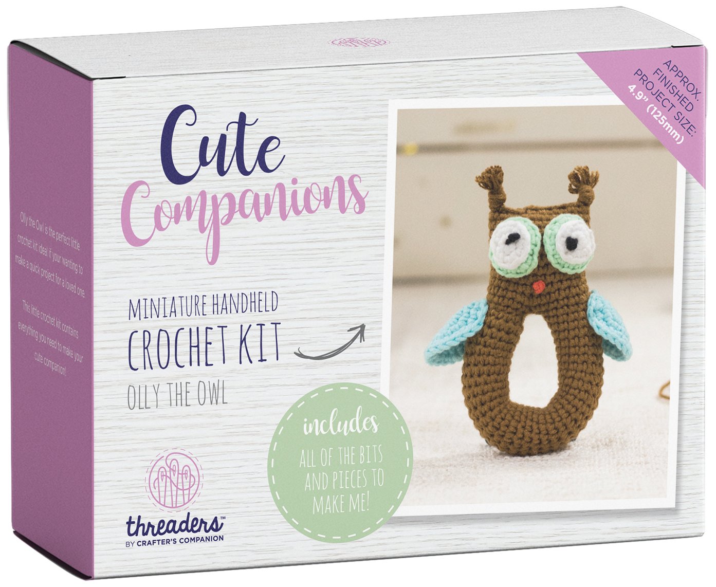 Threaders Cute Companions-Olly The Owl Miniature Handheld Crochet Kit, 100% Cotton, Brown, 10.5 x 14.4 x 6.5 cm,TH-1341