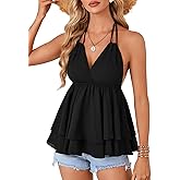 Rooscier Women's Ruffle Sleeveless Halter Deep V Neck Cami Backless Sexy Skater Peplum Top
