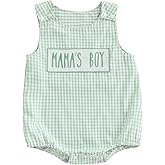 Licupiee Mama's Boy Baby Clothes Infant Gingham Romper Newborn Summer Overalls Embroidery Letter Sleeveless Bubble Bodysuit