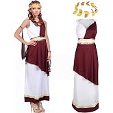 Haysandy Greek Goddess Costume Toga Roman Women Outfit Halloween Set | Greek Goddess Outfit Toga Costume Woman Roman Empress Dress Gold Leaf Wreath for Halloween Ancient Mythology Cosplay Party