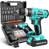 FADAKWALT Cordless Drill Set, 20V Electric Power Drill With Battery And Charger, 30N Torque, 21+1 Settings, 3/8-Inch Keyless Chuck, Driver Bits Kit, LED Light (Turquoise）