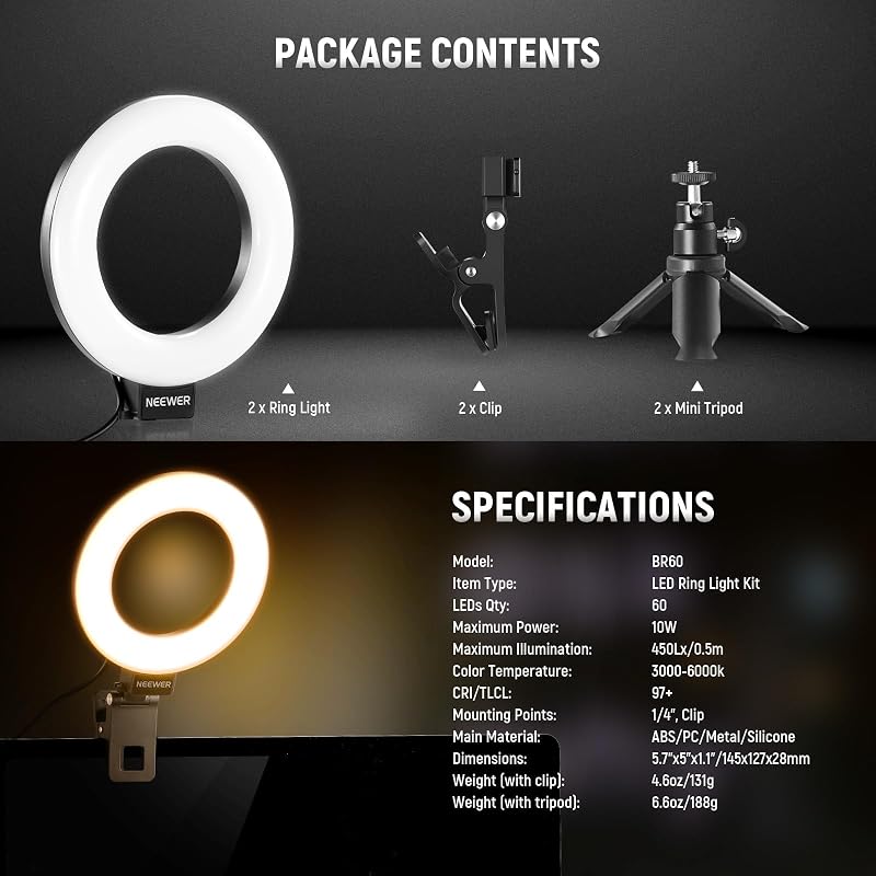 BASICS Ring Light 5" per Video Conferenza, Kit Luce a Clip con Treppiede Tavolo (2pz) per Monitor Laptop Computer Chiamate Zoom Streaming Live Lavoro a Distanza Studio Registrazione Video, BR60