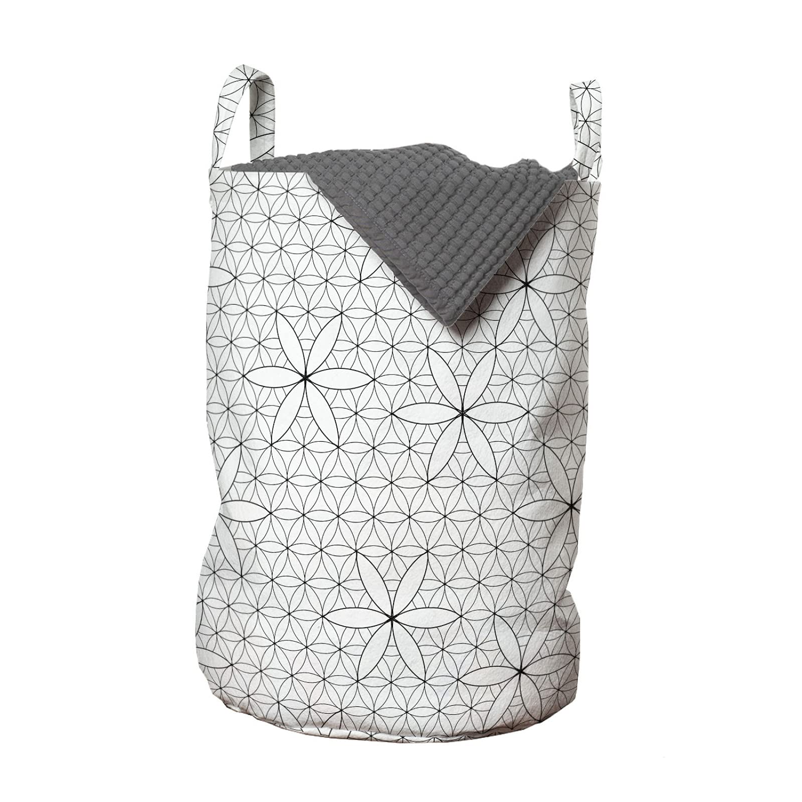 ABAKUHAUS Alchemy Laundry Bag, Monochrome Esotericism Line Art Style Flower of Life Repetition, Hamper Basket with Handles Drawstring Closure for Laundromats, 13" x 13" x 19", Anthracite Grey White