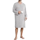 SWOMOG Men's Nightshirt Long Sleeve Nightgown Soft Loose Sleepwear Comfy Big & Tall Henley Sleep Shirt for Sleeping S-XXL
