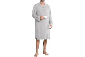 SWOMOG Men's Nightshirt Long Sleeve Nightgown Soft Loose Sleepwear Comfy Big & Tall Henley Sleep Shirt for Sleeping S-XXL