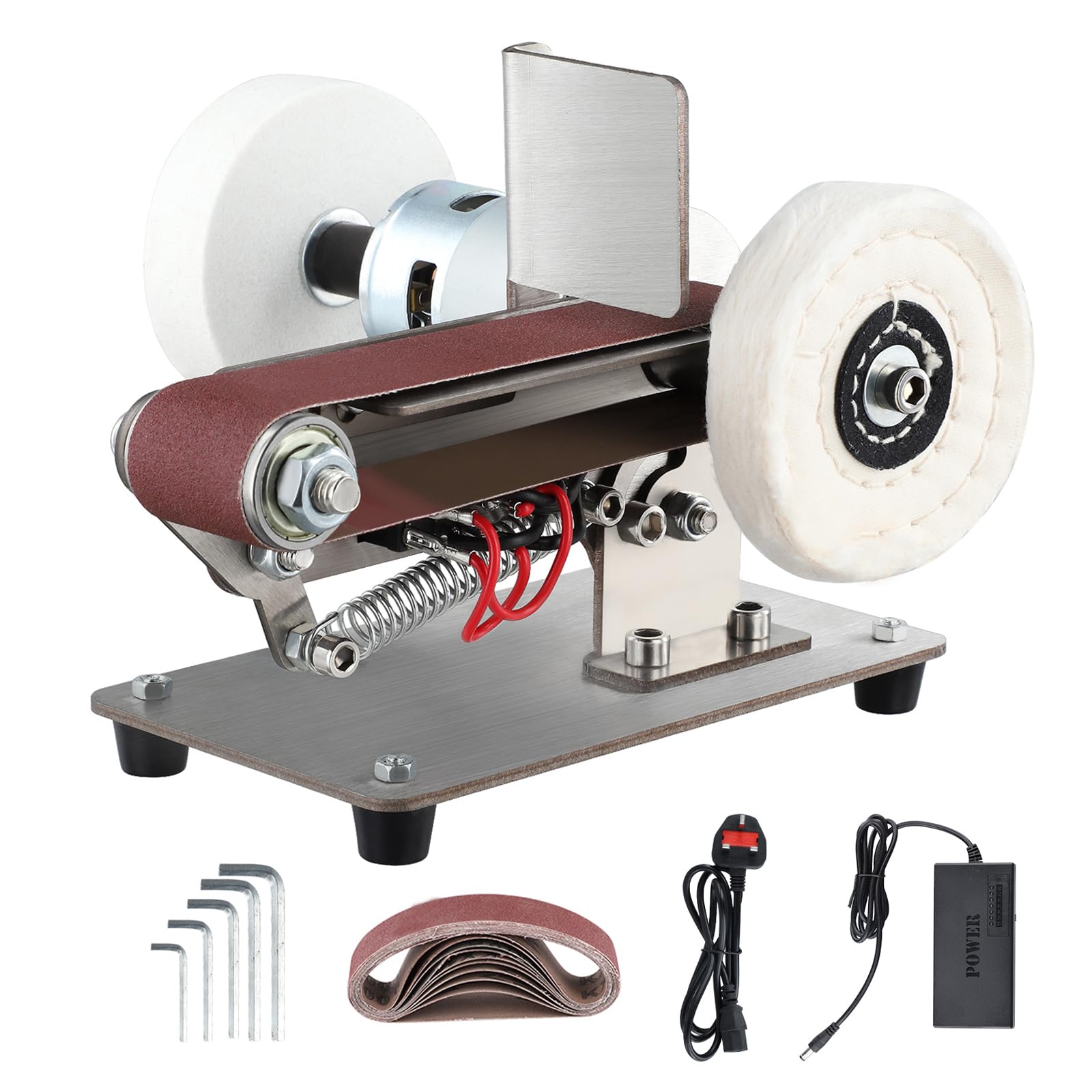 Electric Mini Belt Sander, 7 Adjustable Speed Belt Sanding Machine, Multifunctional Polishing Grinder with Grinding Wheel, Polishing Wheel, 10 Sanding Belts, Bench Grinder for Turning Polishing Wood