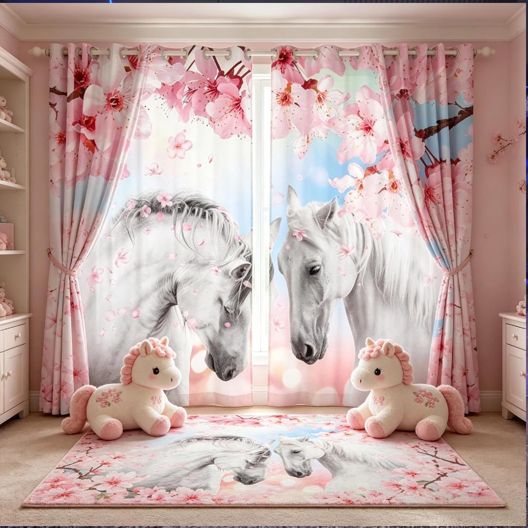 Loussiesd Horse Curtains Couple White Galloping Horse Window Curtains for Bedroom Living Room Girls Cherry Blossoms Printed Windows Drapes Wild Animal Branches Decor Window Treatments,W66*L72 …