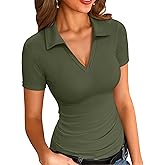 VICHYIE Womens Short Sleeve Shirts Lapel Collared V Neck Slim Fitted Ribbed Knit Tight Polo Tops