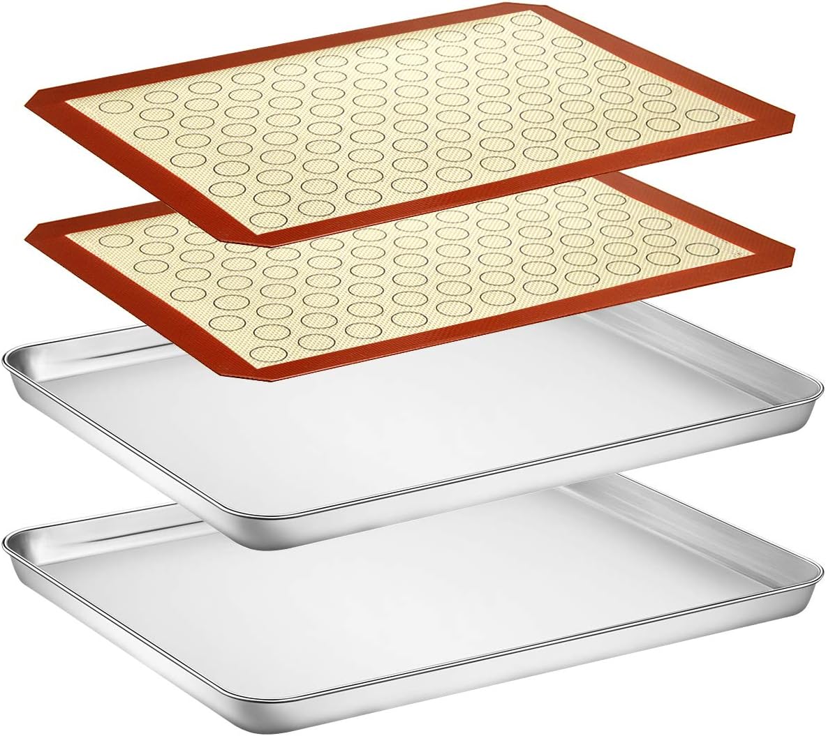 Baking Sheet with Silicone Mat Set, Yododo Set of 4 (2 Sheets + 2 Mats), Stainless Steel Cookie Sheet Baking Pan with Silicone Baking Mat, Size 16 x 12 x 1 inch, Non Toxic & Heavy Duty & Easy Clean