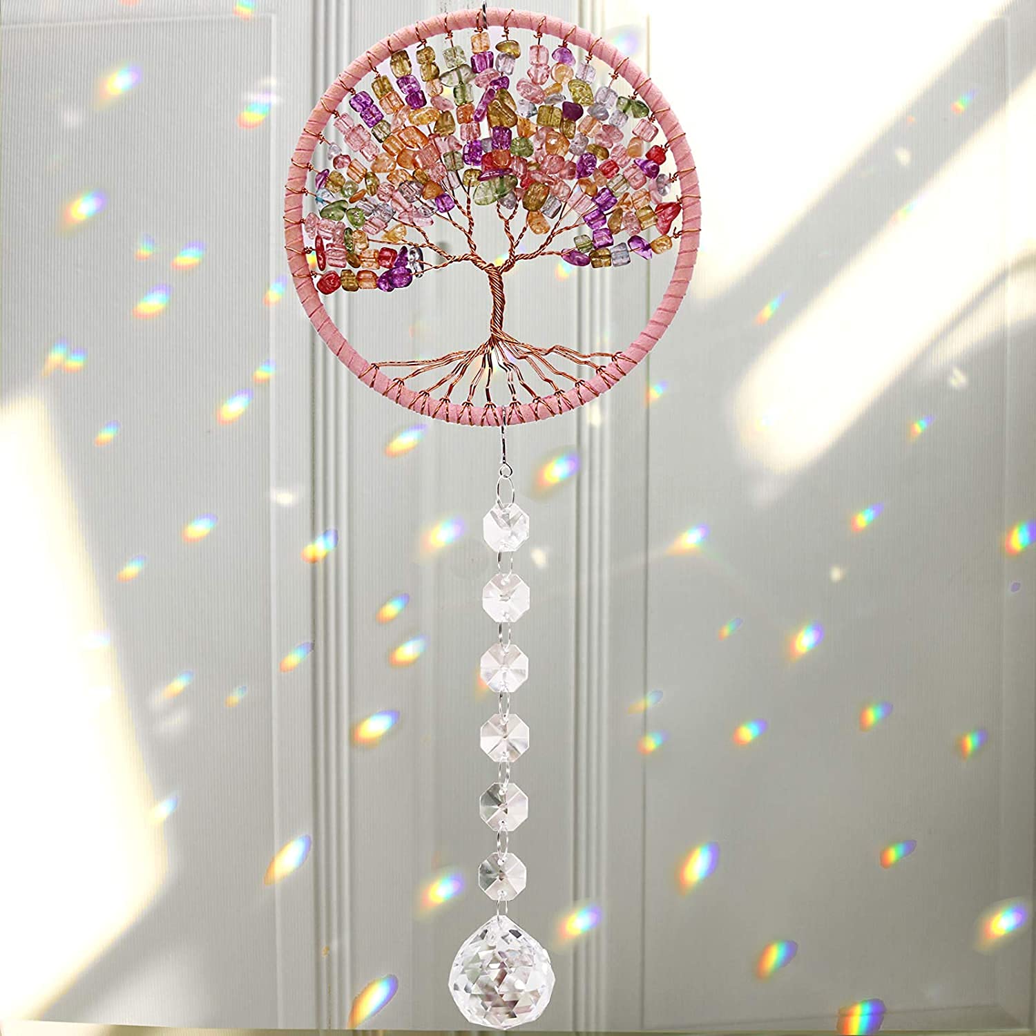 Cosylove Suncatcher Crystal Tree of Life Pendant for Car Mirror Hanging Chandelier Rainbow Prism Window Garden Decoration (Pink)