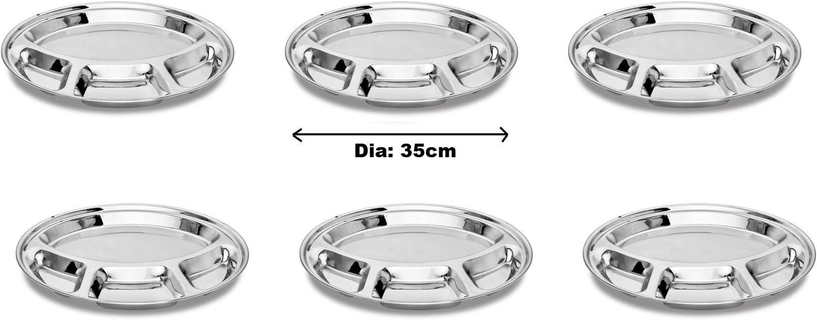 Stainless Steel Round 4 Compartment Dish 35cm Indian Thali Plate Dish Camping (6pc)