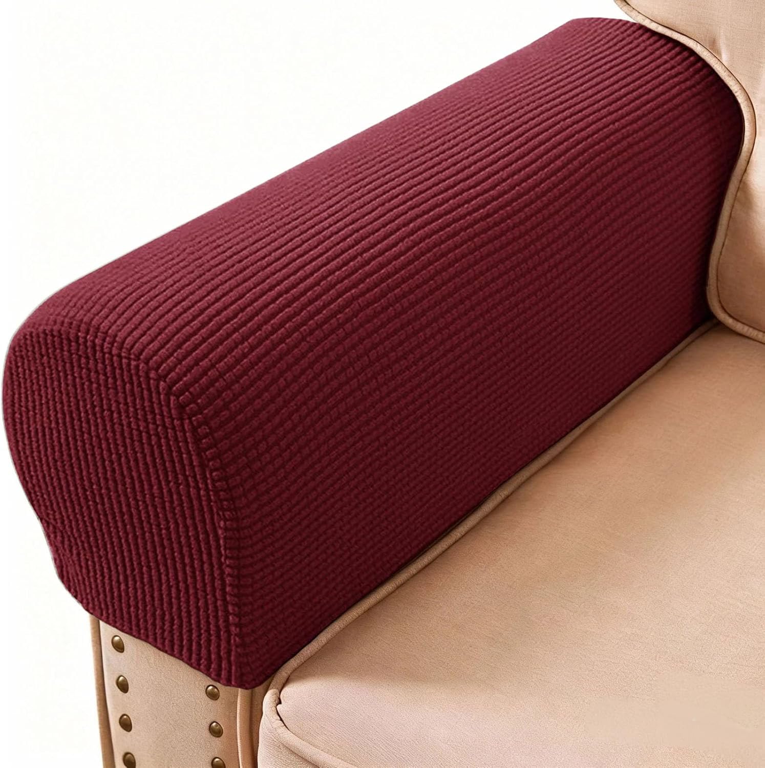 PBIEHSR Arm Rest Covers, Stretch Armchair Couch Armrest Chair Covers for Furniture Protector, Anti-Slip Sofa Chair Arm Caps Spandex Polyester Slipcovers, Set of 2 (Wine Red)