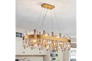 Siljoy 35.4'' Gold Oval Crystal Chandelier for Dining Room, 16-Light Modern Rectangular K9 Crystal Raindrop Chandelier, Luxury Brass Ceiling Pendant Lighting for Living Room Kitchen Island