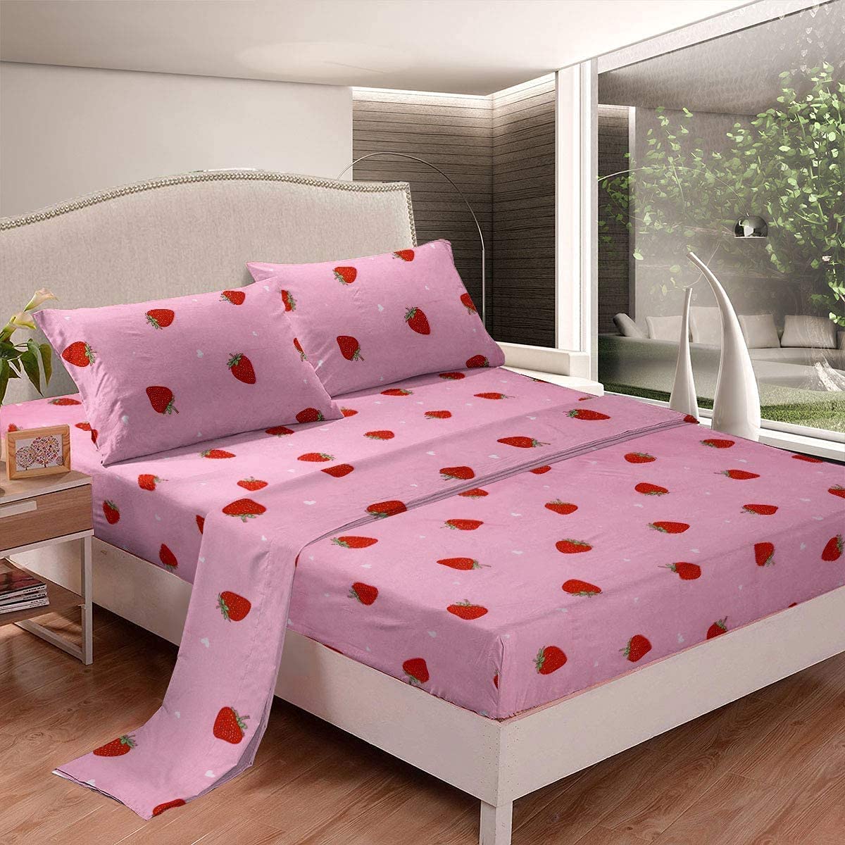 Strawberry Bed Sheets Kids Girls Tropical Fruit Sheet Set 2 Pcs Kawaii Strawberry Sheets Set + Deep Pocket Fitted Sheets+ Strawberry Flat Sheet + Cute Cartoon Fruits Decor 1 Pillow Sham,Single,Pink