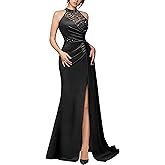 Miusol Women's Sexy Halter Sequin Lace Satin High Split Ruched Style Evening Party Maxi Dress