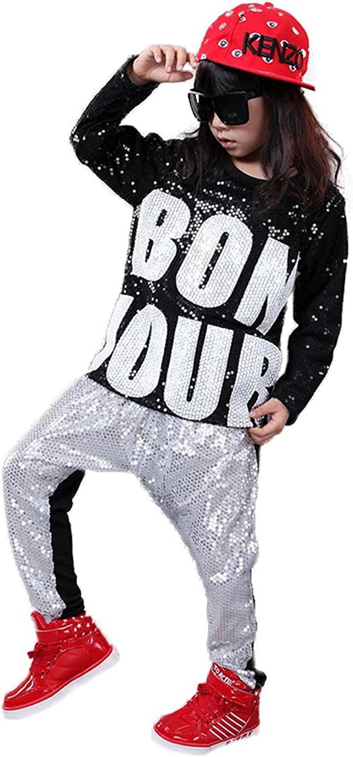 LOLANTA Girls Boys Sequin Hip Hop Dance Costumes Ballroom Modern Jazz Clothing Top Pants
