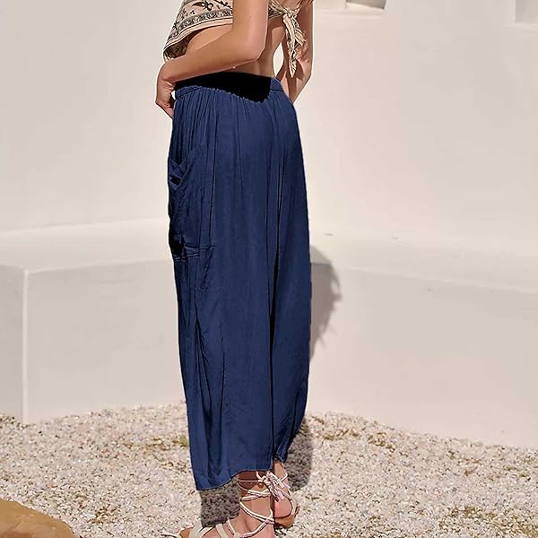 MALINFANDOR WOMEN’S OVERSIZED LOOSE PANTS COTTON LINEN WIDE LEG ELASTIC WAIST RELAX FIT BLOOMERS TROUSERS WITH POCKETS(DARK BLUE,M)