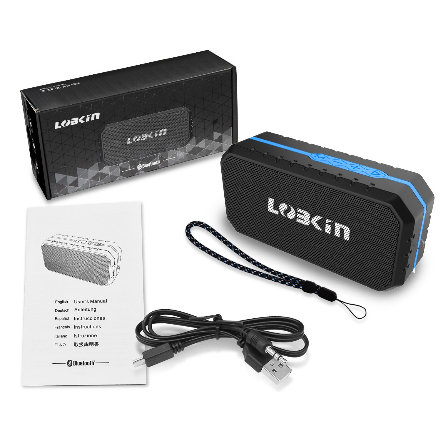 LOBKIN Bluetooth Tragbare Lautsprecher Wasserdicht Speaker Stoßfest Boxen Wireless Stereo Boombox mit eingebautem Mikrofon Kabelloser Musikbox mit 8-Stunden Spielzeit und TF Karte (Blau)