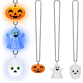3PCS Halloween Accessories, Glow Halloween Necklaces for Trick or Treat | 3 Mode Lights Necklaces, Yellow White Pumpkins Skulls Ghost Glow Necklace, Light up Halloween Necklaces with Pendant