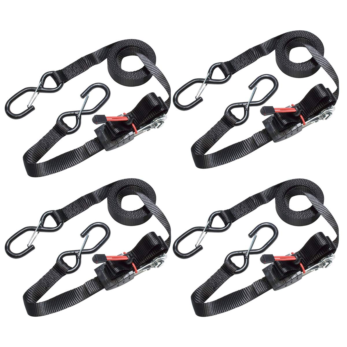 Master Lock 3056EURDAT Ratchet Tie Down Strap with S-Hooks, Reflective and Black, 4.25 m x 25 mm Strap, Pack of 4