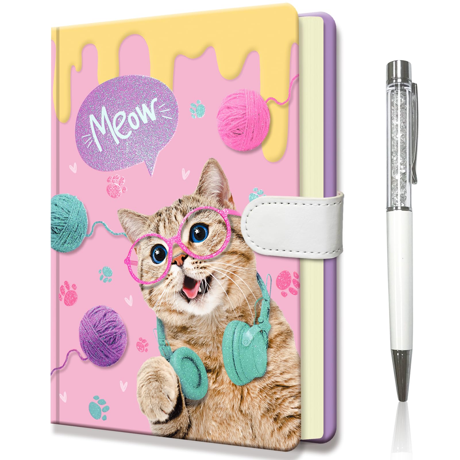 DWIYITTN Cat Notebook for Girls, Gifts for Teens Hardcover Girls Journal with Pen and Magnetic Buckle Closure 192 Pages 19x13.5cm Lined Undated Diary