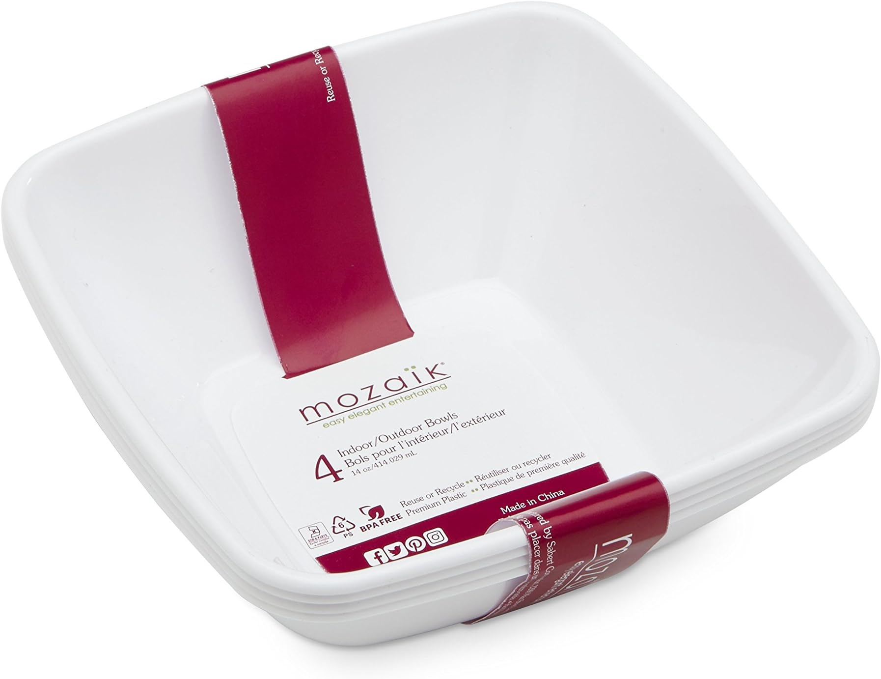 Mozaik Premium Plastic 14oz. White Square Bowls, 4 count