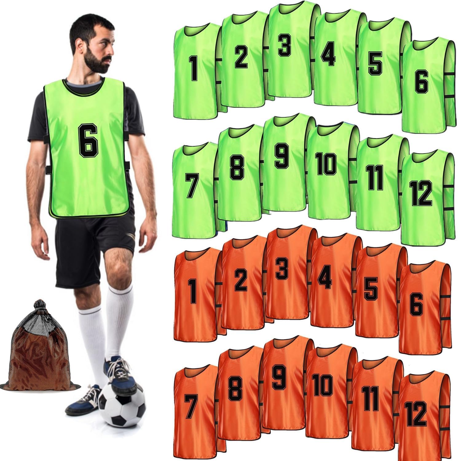 Football Bibs for Adult Youth, 24 Pack Sports Training Mesh Bibs, Numbered Practice Vest Pennies for Soccer Basketball Football Volleyball - Orange & Green
