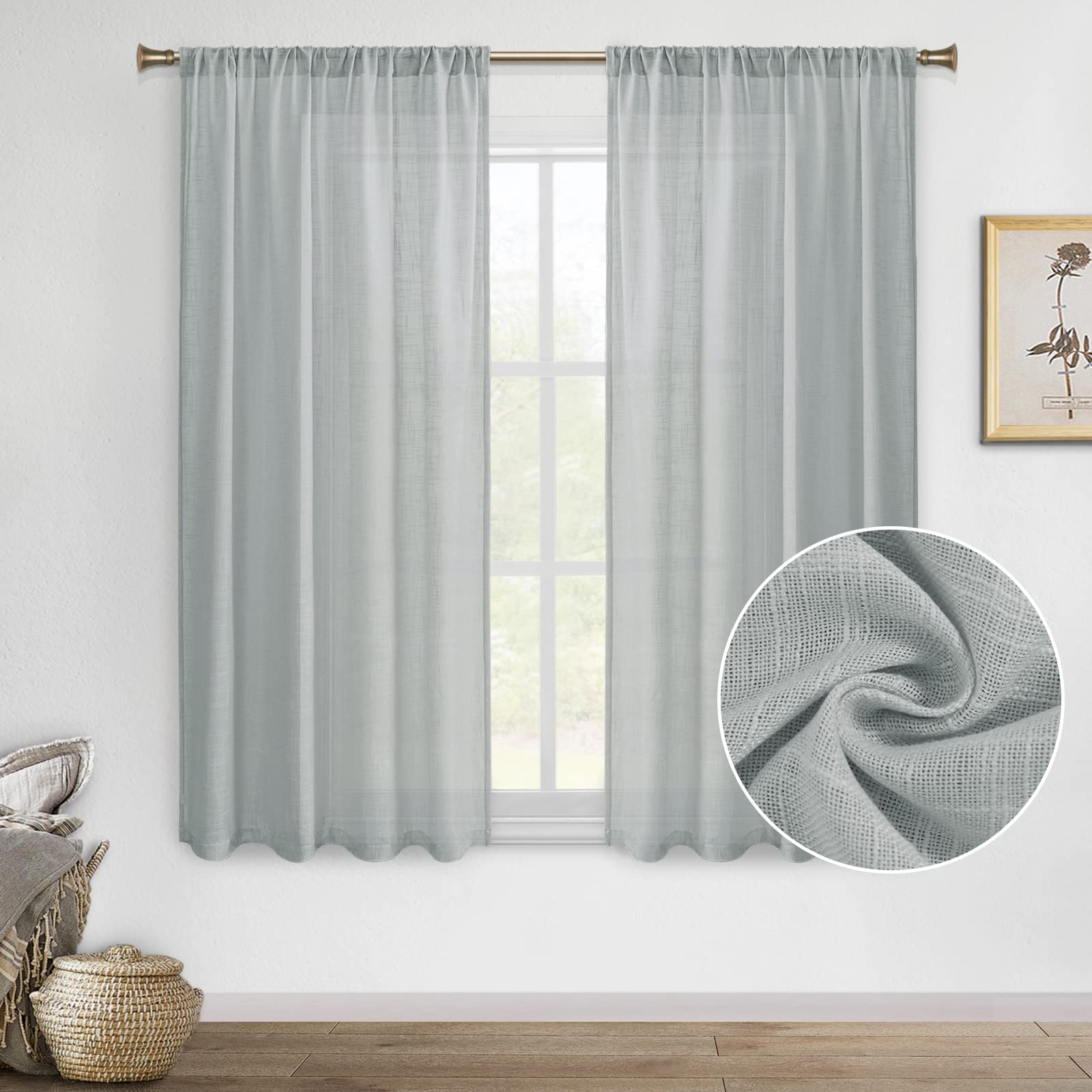 DWCN Grey Sheer Curtains - Faux Linen Textured Weave Rod Pocket Living Room Semi Voile Sheer Curtains, Set of 2 Window Curtains Panels, 52 x 45 Inches
