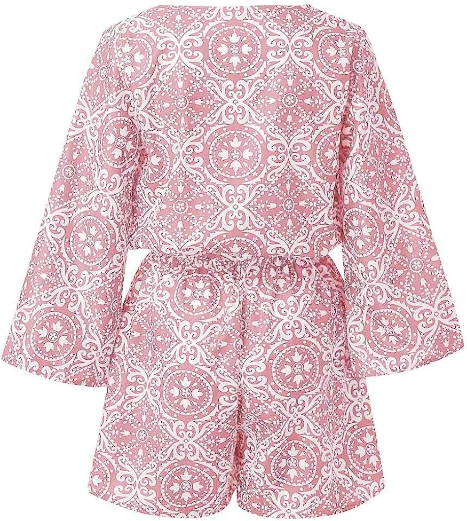 STORTO Womens Summer Jumpsuit Ladies Causal Long Sleeve V Neck Boho Rompers Playsuit Holiday Mini Jumpsuit Bodysuits: Clothing