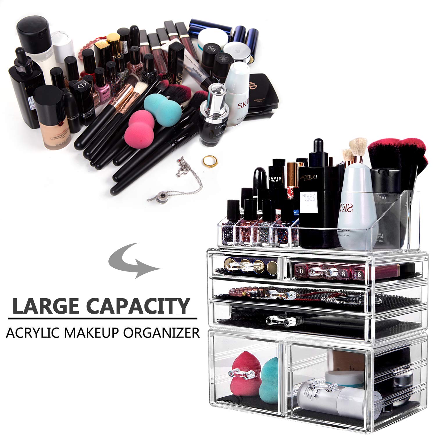 hblife Makeup Organizer 3 Pieces Acrylic Cosmetic Storage Drawers and Jewelry Display Box, Clear: Beauty