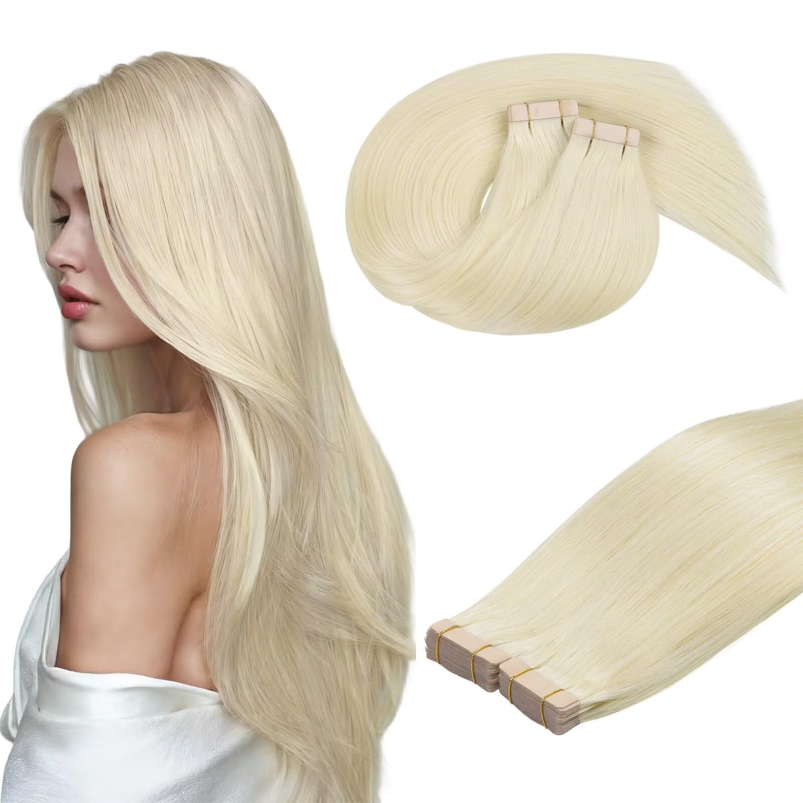 DOORES Hair Extensions Tape in Human Hair, Platinum Blonde 18 Inch 100g 40pcs, Tape in Human Hair Extensions Skin Weft Real Straight Natural Remy Hair — image 1