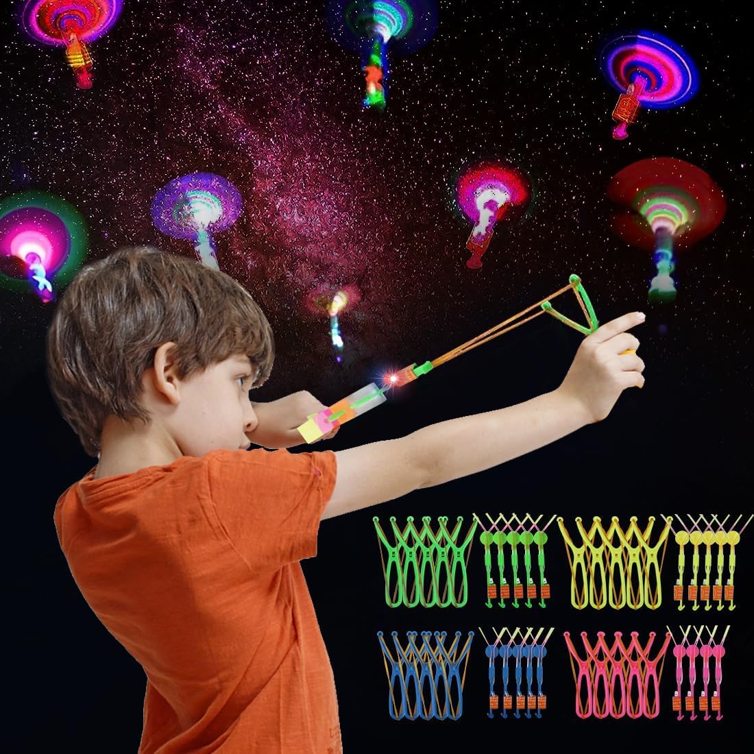LED Helicopter Slingshot Toys, 20pcs Flying Toy Glow in the Dark, Rocket Helicopter Flying Toys with LED Lights, Outdoor Game for Kids & Adults, Party Favors Party Bag Fillers, Party Supplies