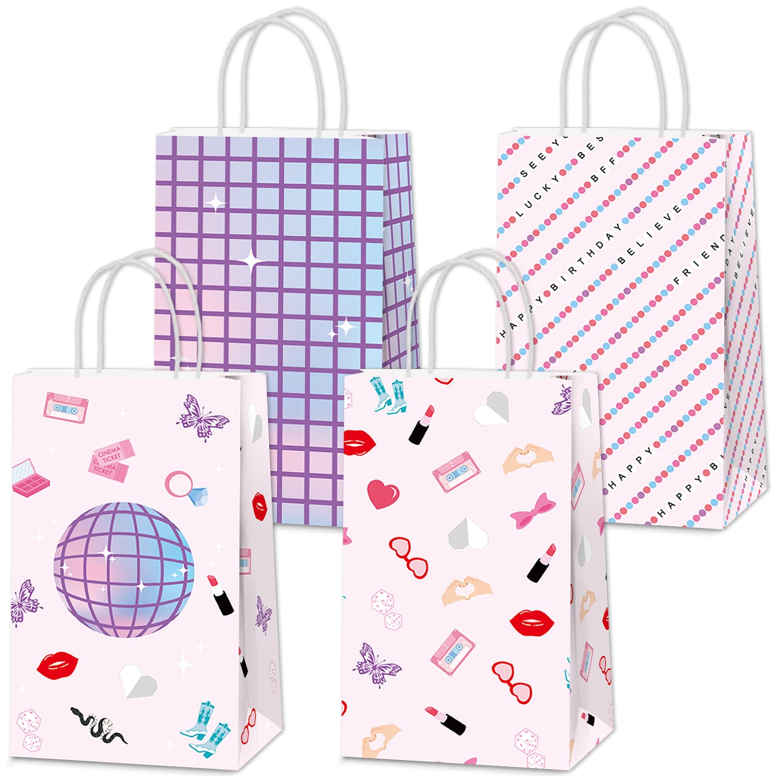 Photo 1 of 24Pcs Era's Birthday Party Favor Bags Music Party Treat Bags Decorations Iridescent Disco Goodie Bag Popular Music Paper Gift Candy Bag with Handle for Women Birthday Baby Shower Bachelorette Supplies