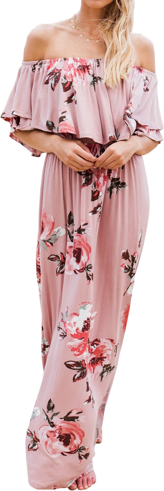 Womens Summer Floral Off The Shoulder Dresses Causal Flowy Beach Long Maxi Dress