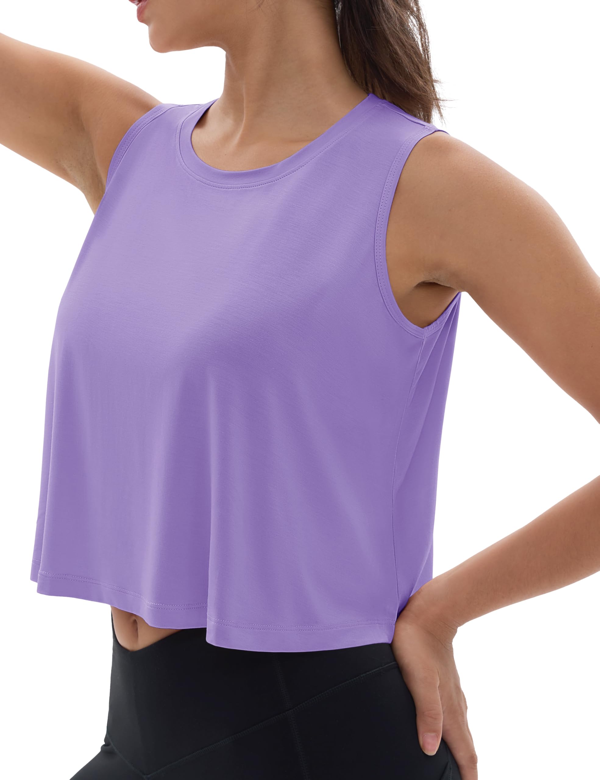 Photo 1 of MAGCOMSEN Sleeveless Workout Shirts for Women Cropped Gym Tank Tops Dry Fit Loose Summer Shirts Athletic Taro Purple L