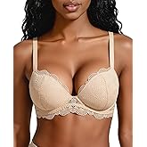 Plusexy Women's Push Up Lace Bra Comfort Padded Underwire Deep Plunge Bras Lift Up Add 2 Cups Nude 34B