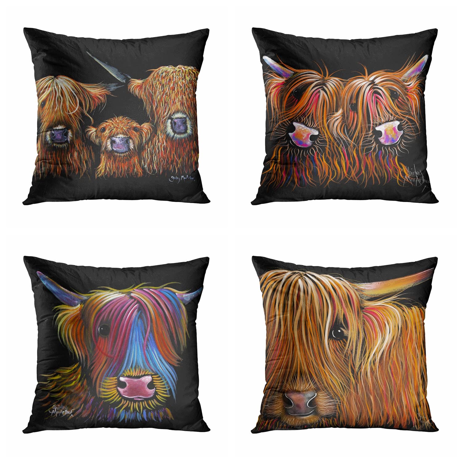 Awowee Set of 4 Cushion Covers 50x50cm/20x20inches Scottish Highland Cows We Coos on Black Scotland Herd Hairy Cow Home Decor Throw Pillow Covers Square Pillowcases for Bed Sofa Couch
