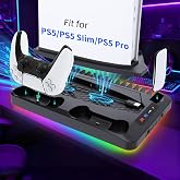 Cooling Station for Ps5/Slim/Pro Disc &amp; Digital Playstation 5 Vertical Stand Organizer with Dual Controller Charger,16 Game Slots,7 Rgb,3 Level Cooler Fan,3 Usb Ports,Headset &amp; Remote Holder (Black)