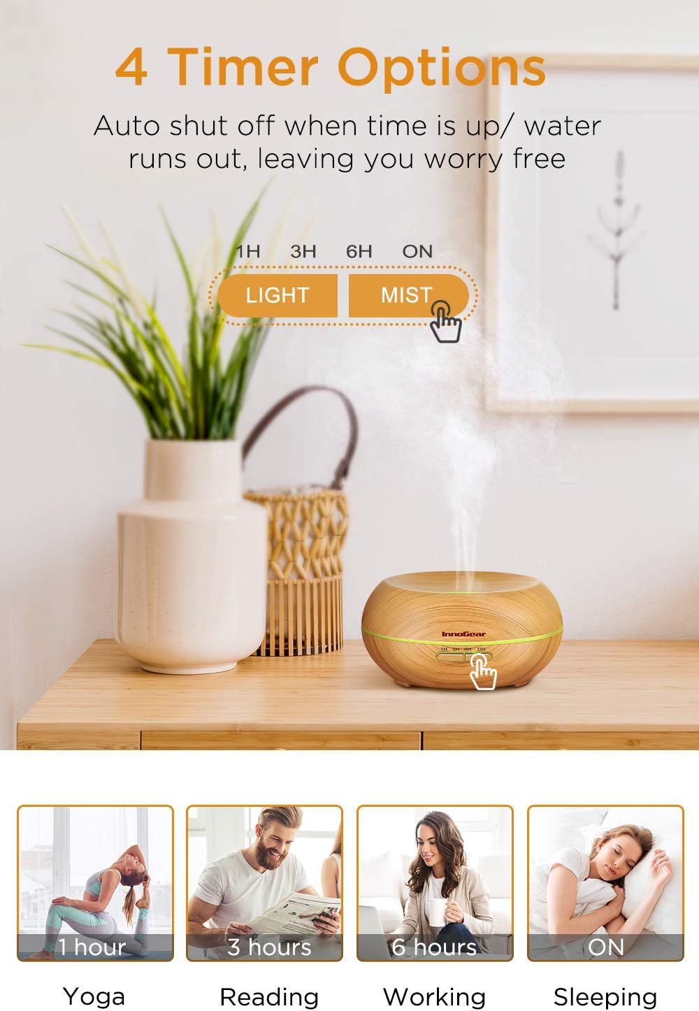 InnoGear Diffusers for Essential Oils, Wood Grain Essential Oil Diffuser Ultrasonice Aromatherapy Diffusers Aroma Cool Mist Humidifier with Timer Waterless Auto Off, 200ml, Yellow: Home & Kitchen