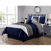 Grand Linen 7 Piece Navy Blue/Grey/Black/White Scroll Embroidery Bed in A Bag Microfiber Comforter Set (Double) Full Size Bedding. Perfect for Any Bed Room or Guest Room