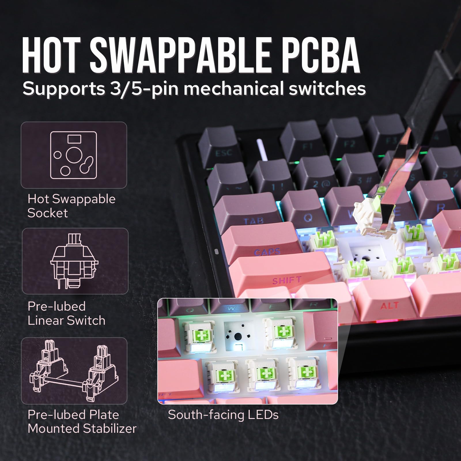 EPOMAKER X Aula F75 75% Wireless Gaming Keyboard, Bluetooth/2.4GHz/USB-C, Hot Swappable Creamy Mechanical Keyboard with 5-Layer Padding&Knob, NKRO, RGB (Black Pink)