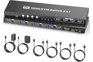 4K@60Hz HDMI KVM Switch 1 Monitors 4 Computers, USB 3.0 4 Port HDMI KVM Switch for 4 Computers Sharing 1 Set of Keyboard, Mou