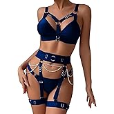 Alrovetoney Sexy Lingerie Set For Women With Garter Belt 5 Pieces Strappy Bra and Panty Set Adjustable With Chain