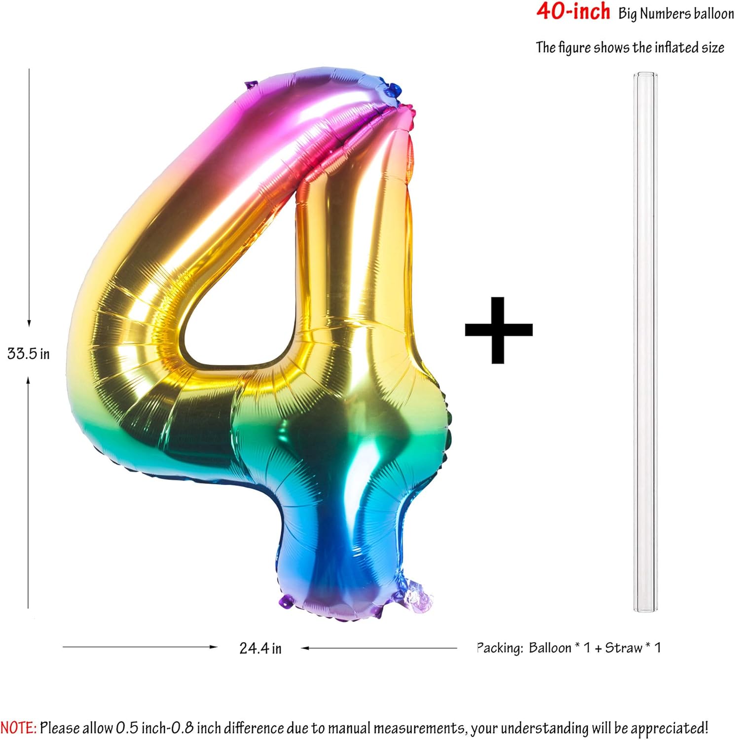 CHANGZHONG 40 Inch Giant Helium Foil Number 0 to 9 Rainbow Balloon Birthday Wedding Party Digital Decorations Number 4 - Image 3