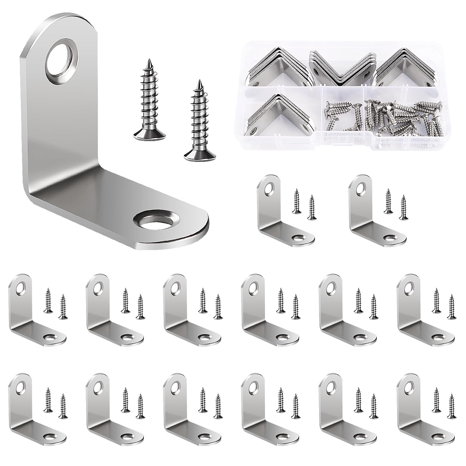 VooGenzek 15 PCS 30x30x16x2 mm L Brackets, Corner Brackets, 90 Degree Right Angle Brackets Fastener, Stainless Steel L Shaped Corner Braces, with 30 PCS Screws, for Furniture Desk Table Shelf
