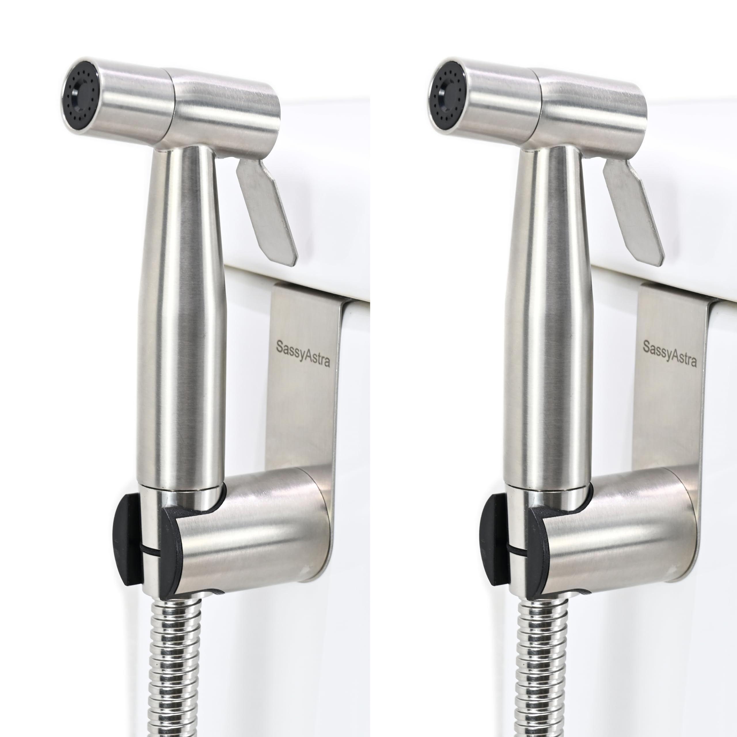 Photo 1 of SassyAstra Handheld Toilet Bidet Sprayer — Adjustable Water Pressure, with Hose, Feminine & Pet Wash Kit, Bathroom Hygiene Attachment for Cloth Diaper Cleaning (Easy to Install, Stainless Steel)2Pack