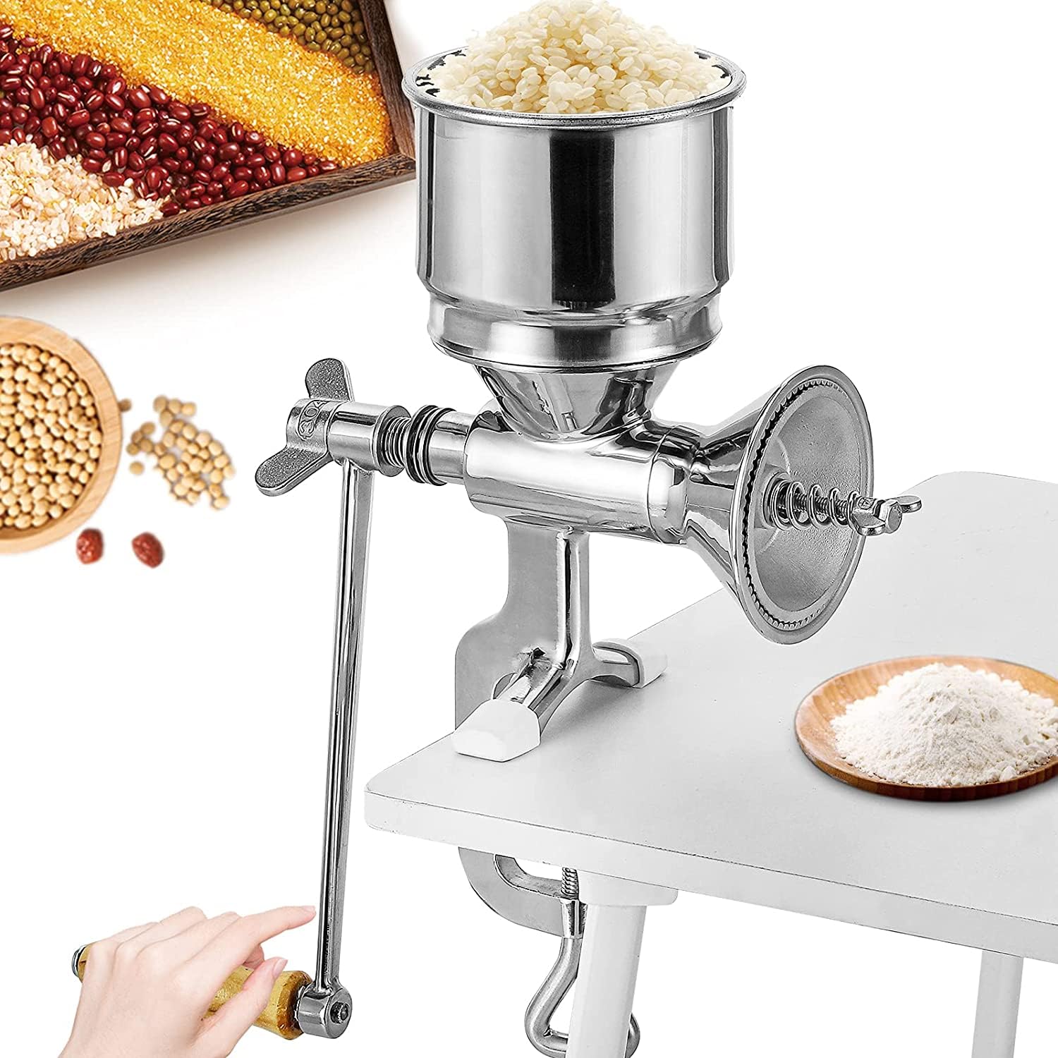 Moongiantgo Grain Mill Manual Stainless Steel with Hand Crank & Table Clamp Design, φ105mm Large Hopper, Hand Operated Grain Grinder for Nut, Coffee, Grain, Seeds, Corn, Spices